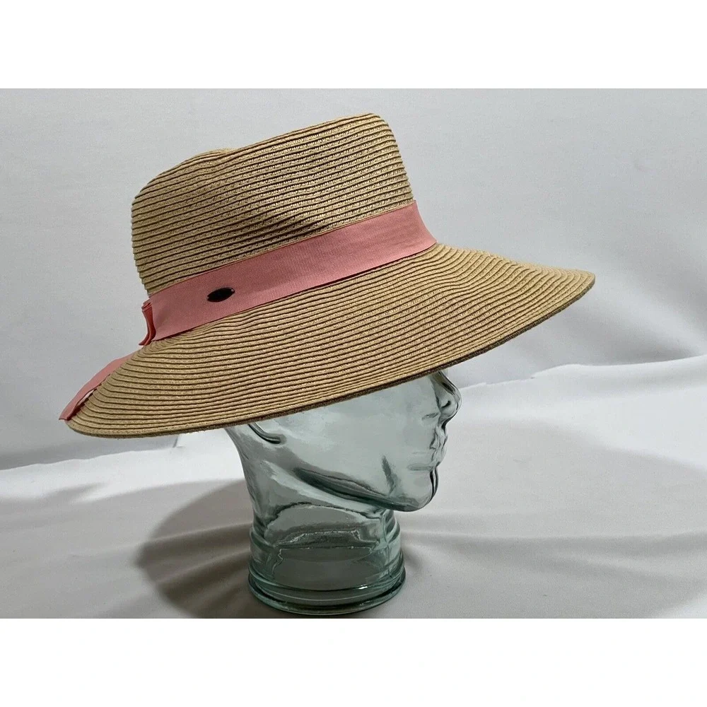 CC Sunshade Hat Womens Tan Pink Bow Wide Brim Coastal Cottagecore Beach